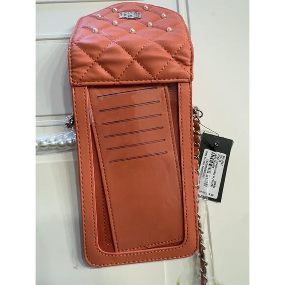 Badgley Mischka Orange Quilted Vegan Leather Pearls Crossbody Phone Case NWT $79 - Picture 6 of 6